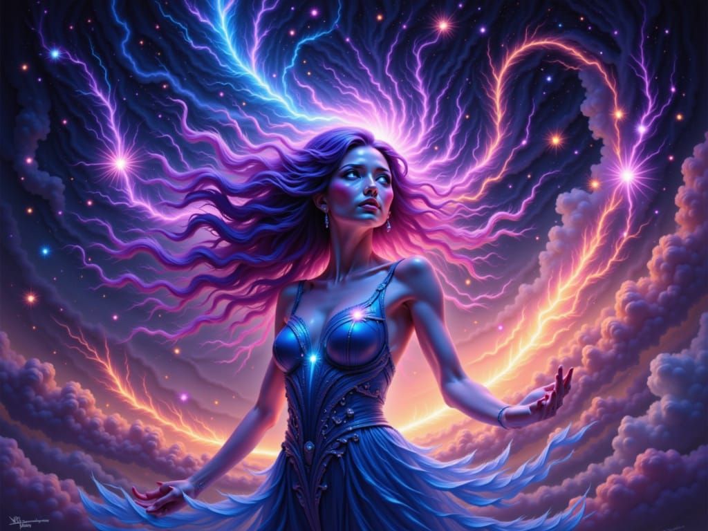 Mentalya Colorburn is a celestial being with flowing, iridescent hair and glowing, neon-blue eyes, radiating intense power as streaks of col...