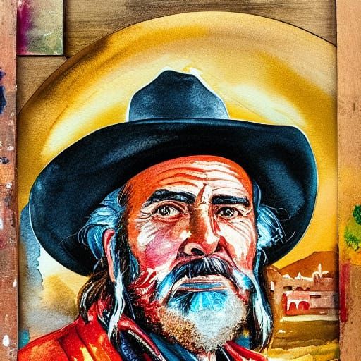 Maximalist dual tone, old cowboy portrait with wasted hat and rude face, background a massive full moon in golden hues. Dual exposure wester...