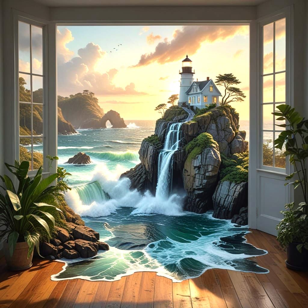 A surreal depiction of an artist's studio blending with a coastal landscape. The focal point is a floating ...  by @kirra-anne-ramirez