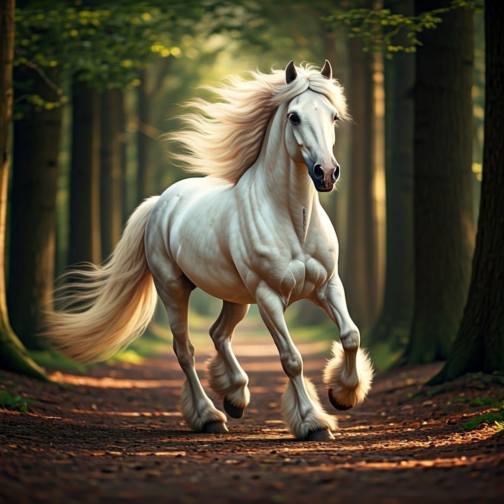 Majestic Gypsy Horse Galloping in Sunlit Forest