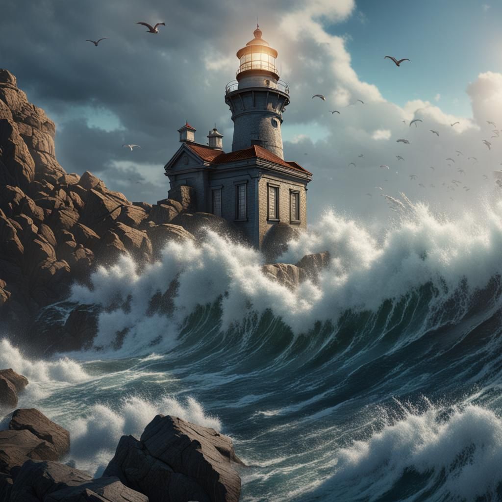 hyper realistic 4k Ocean waves crash into rock in front of an old lighthouse