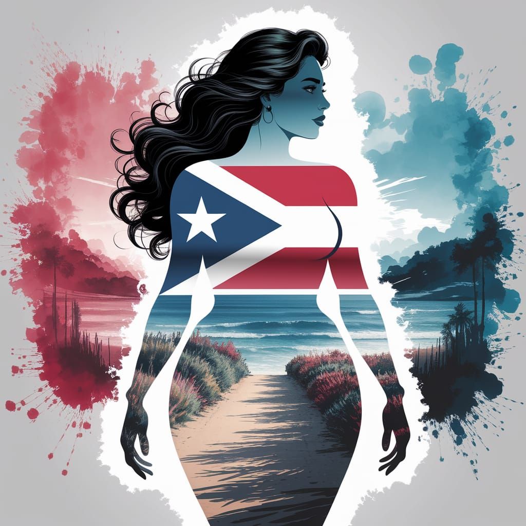 Puerto Rican Woman Silhouette with Ocean View in Watercolor ...