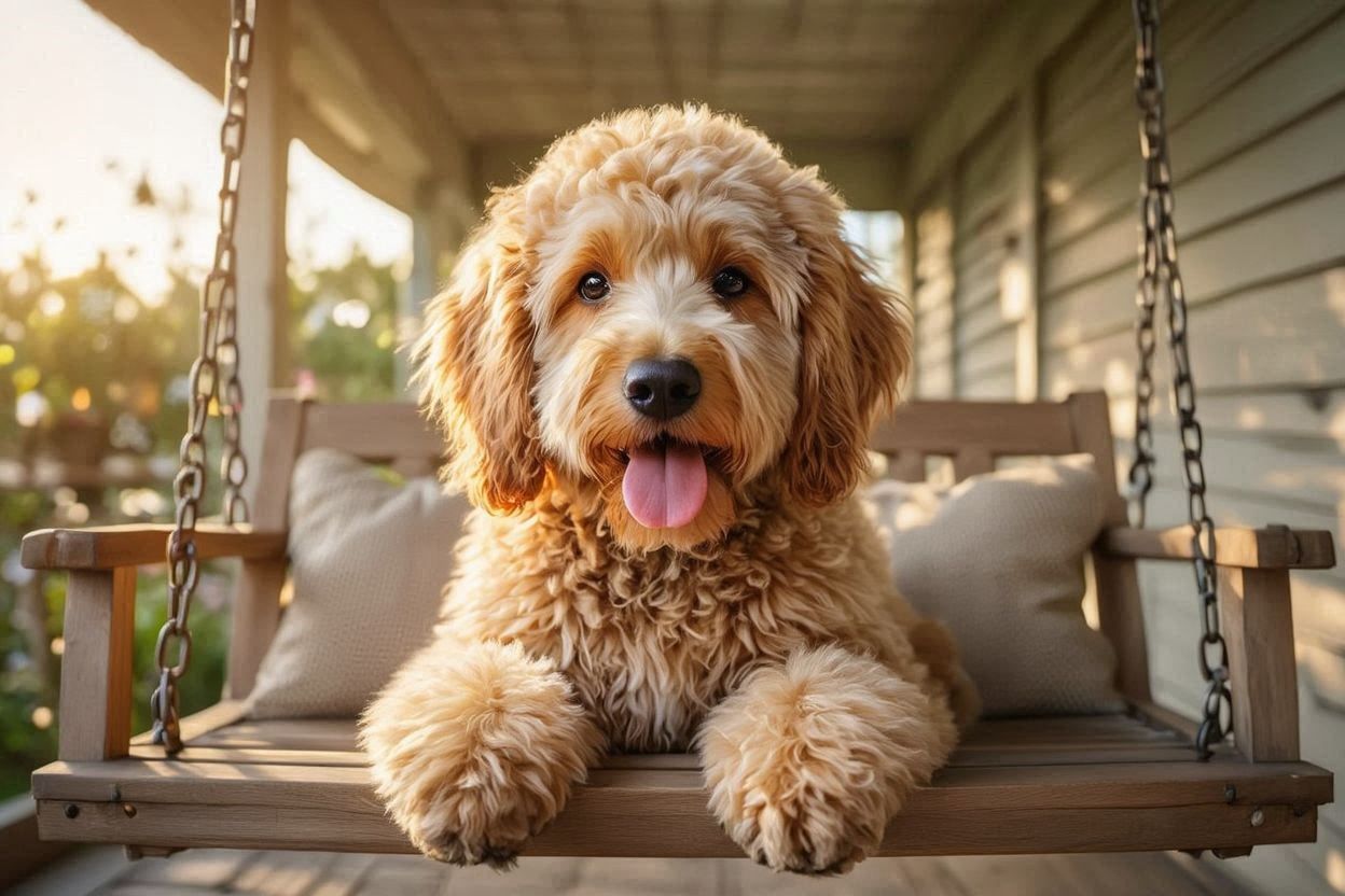 Goldendoodle on a Porch Swing