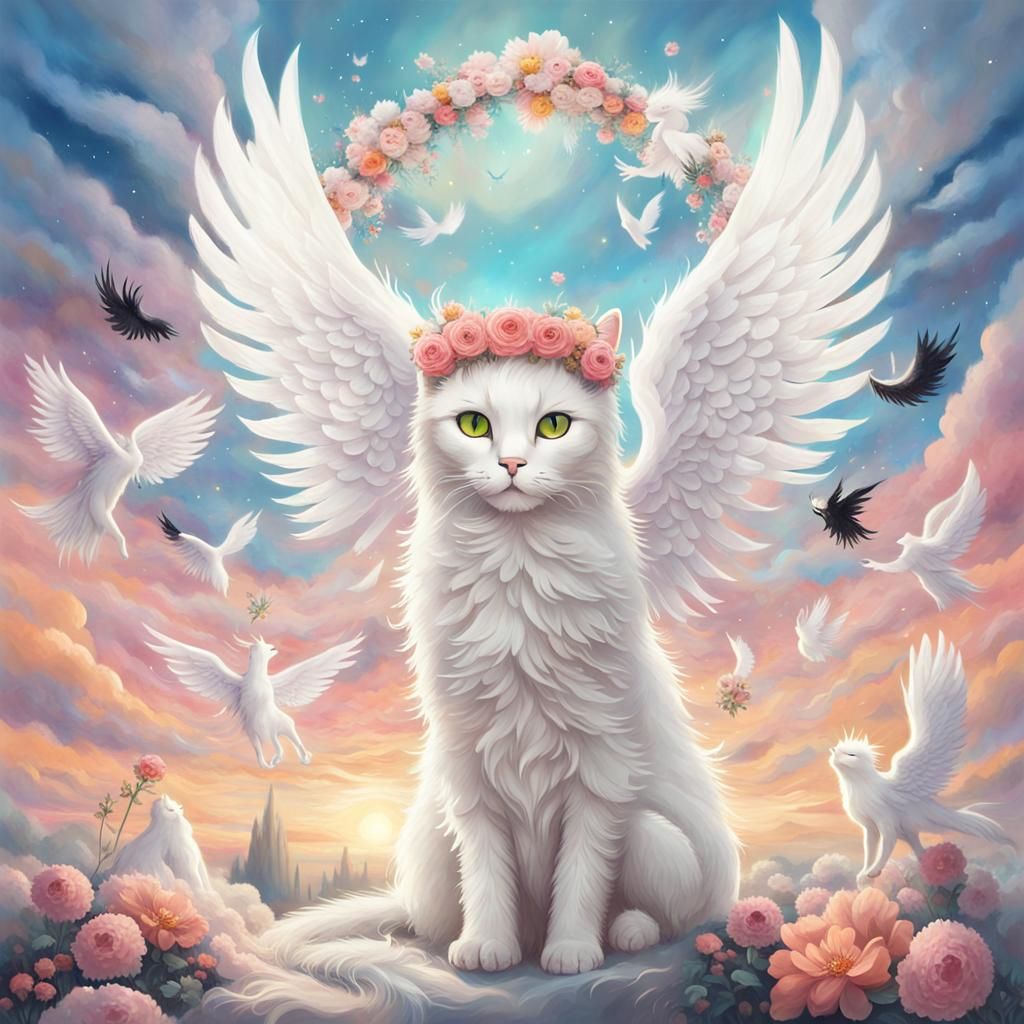 Dreamlike Angel and Cat in Fantasy Art