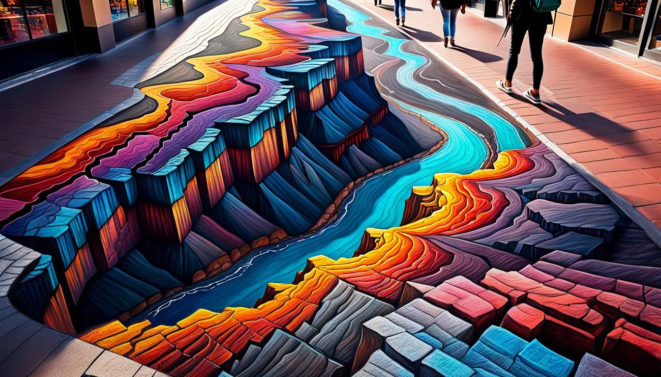 woman drawing chalk art of a deep canyon on the footpath at a shopping center. sunset, colorful, intricate ...  by @kamy