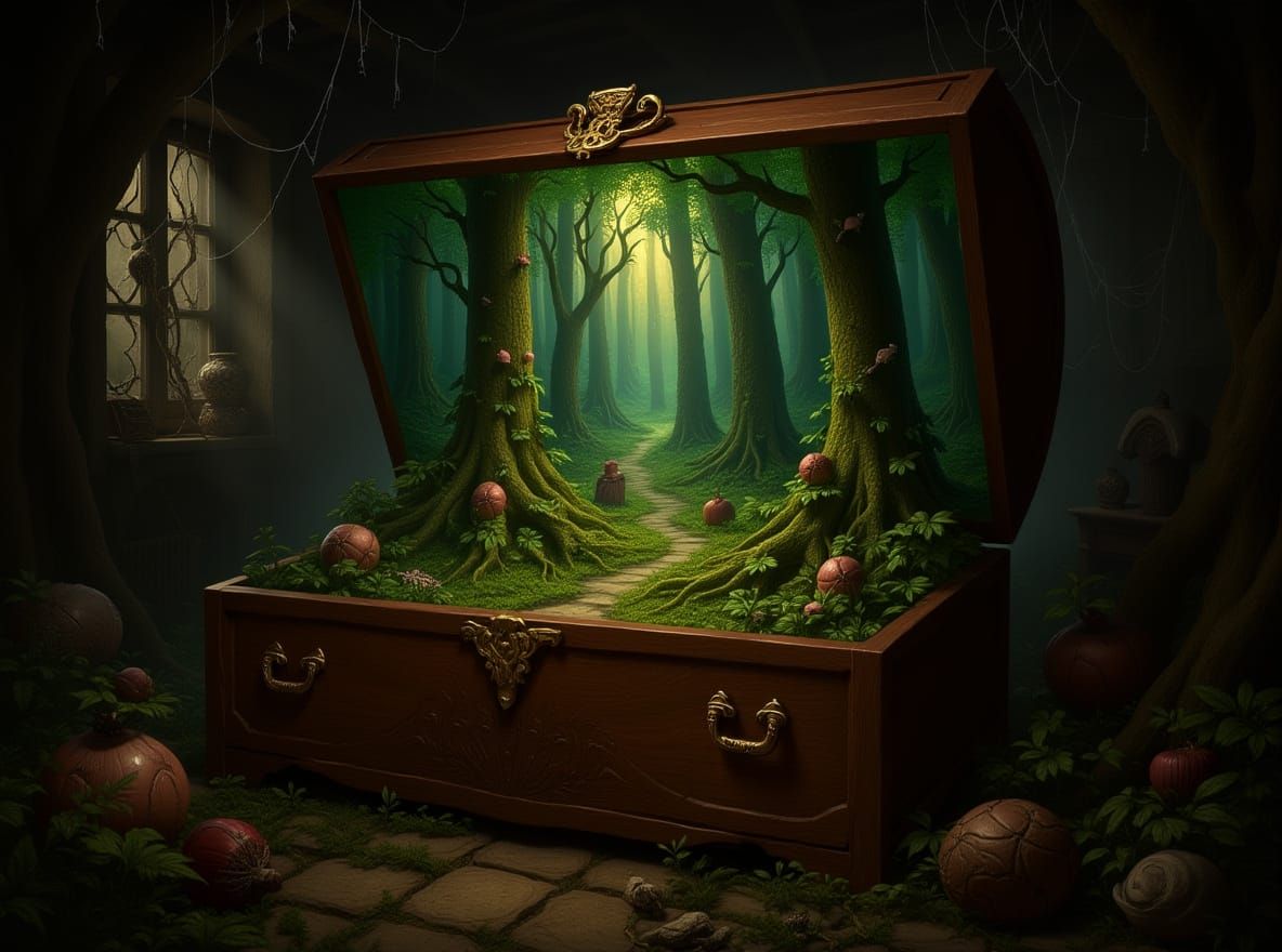 A full, thriving forest grows inside an antique wooden drawer, overflowing with towering trees, lush ...  by @Zoli