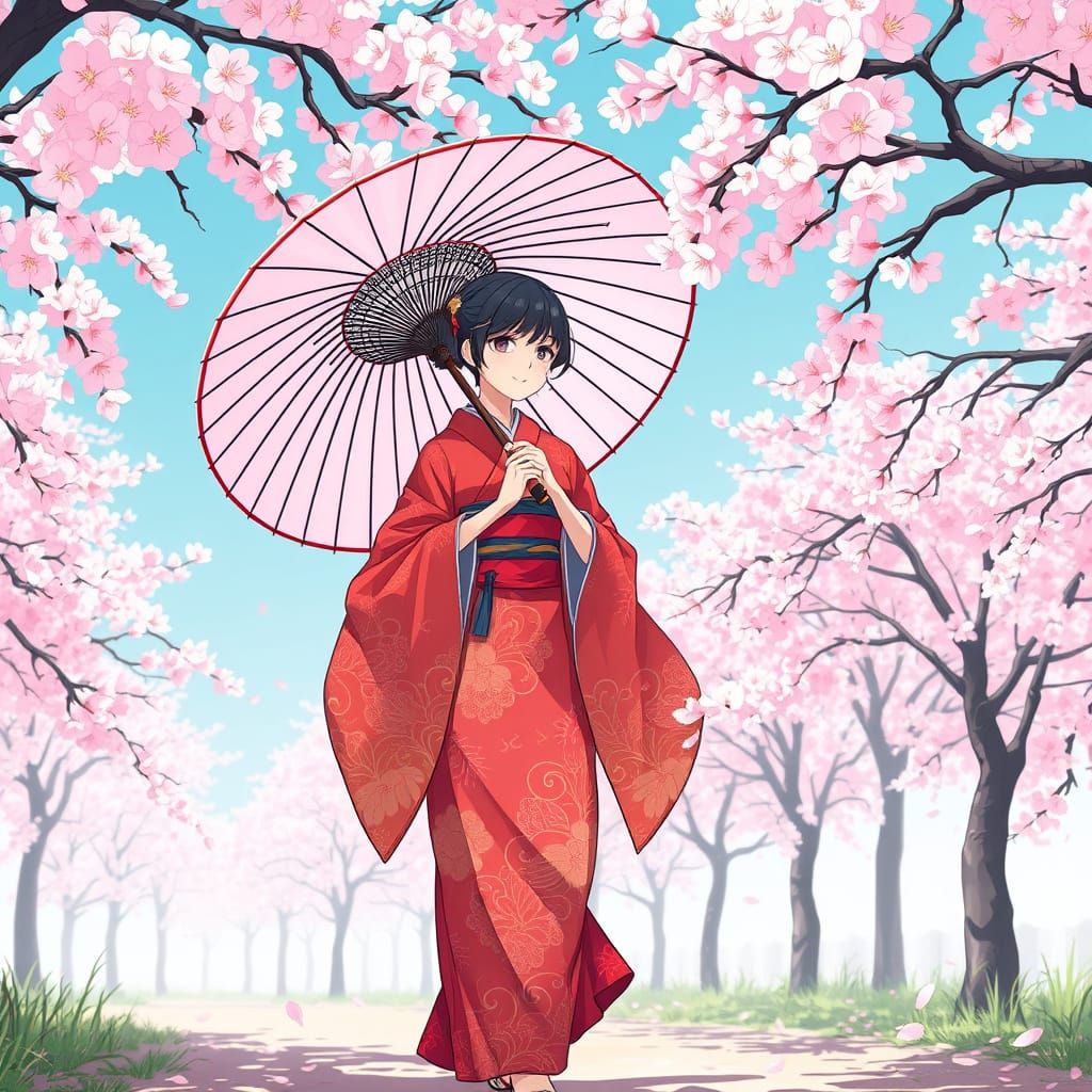 Vibrant Sakura Girl Strolls Through Blossoming Trees in Anim...