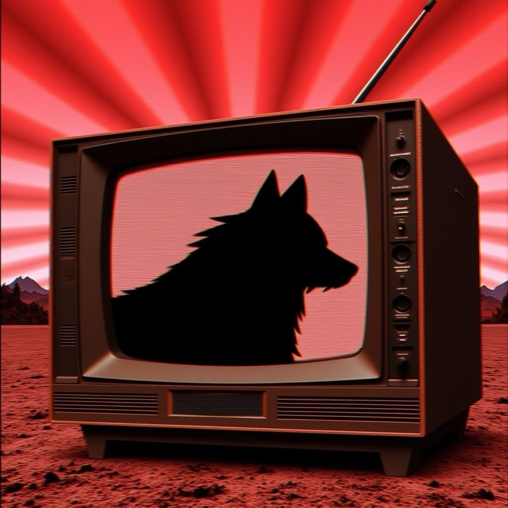 <lora:BlackWolf RedGlitch:0.7>
A vintage television set with glitchy textures and static, showing an eerie silhouette of a black wolf on its...