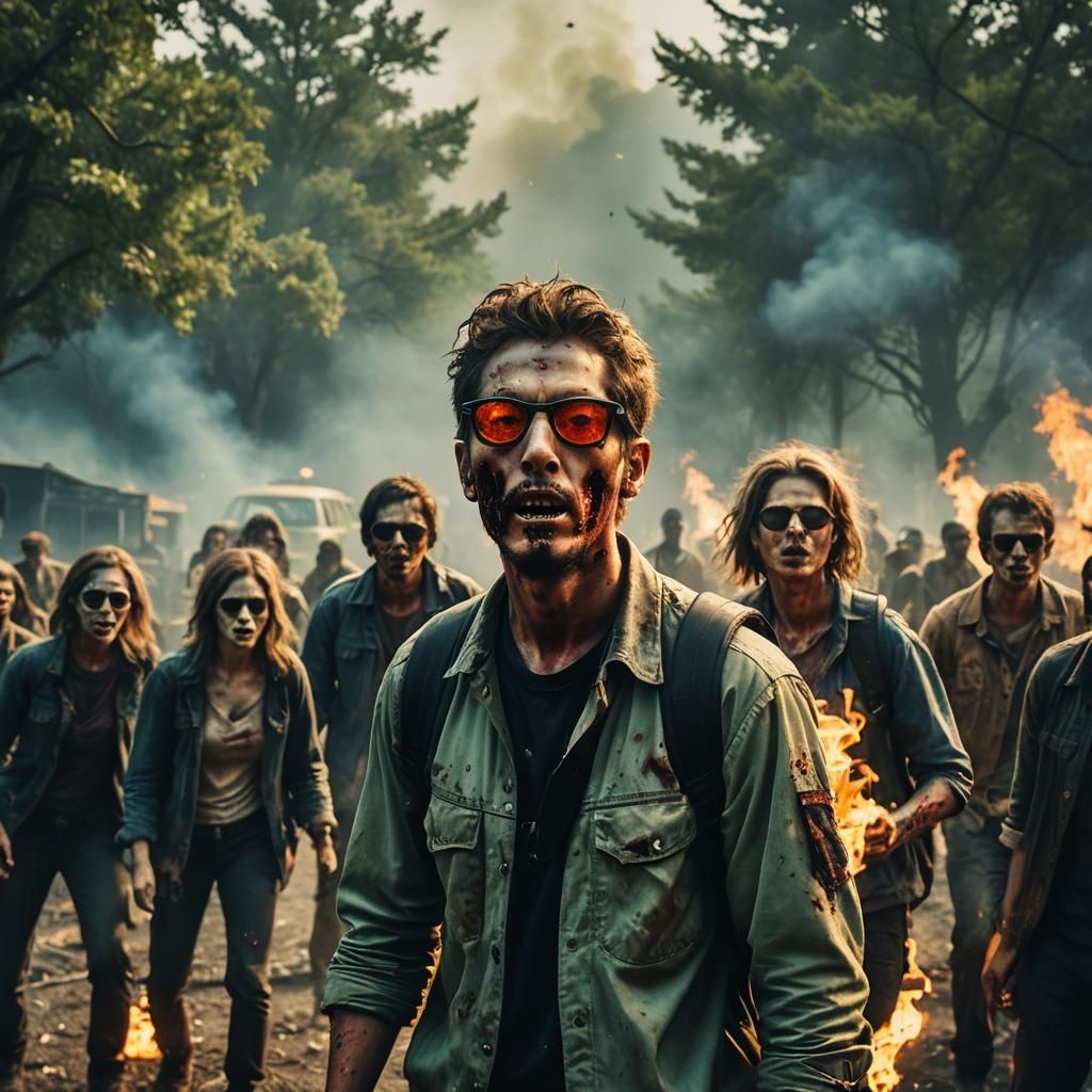 zombies wearing wayfarer glasses dew fire