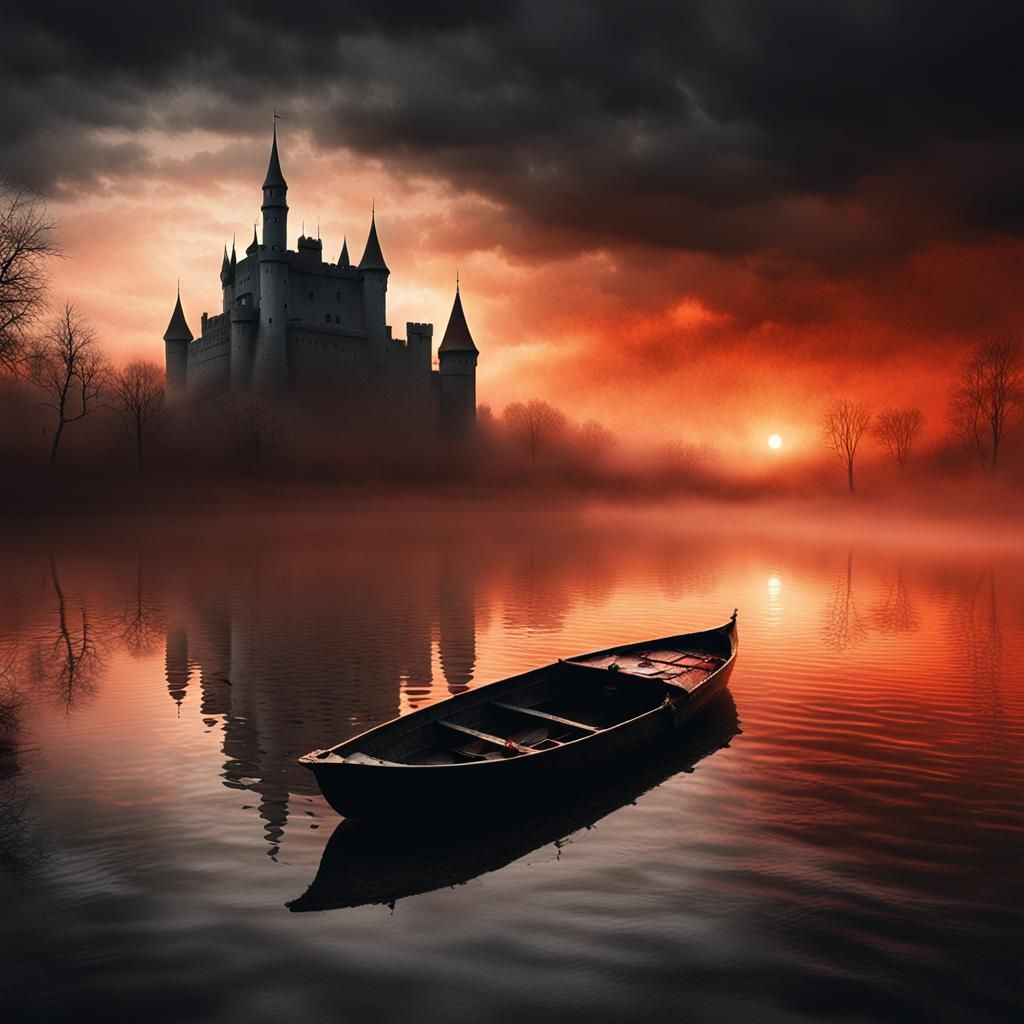 Eerie Surrealist Castle Drifts on Misty River