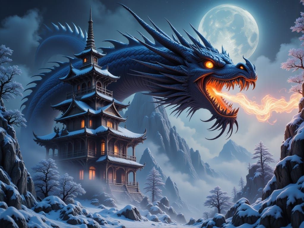 <lora:Shyvibes:1.0> Masterpiece of cinematic photorealism. A colossal East Asian Celestial Imperial Dragon, armored in heavily textured, raz...
