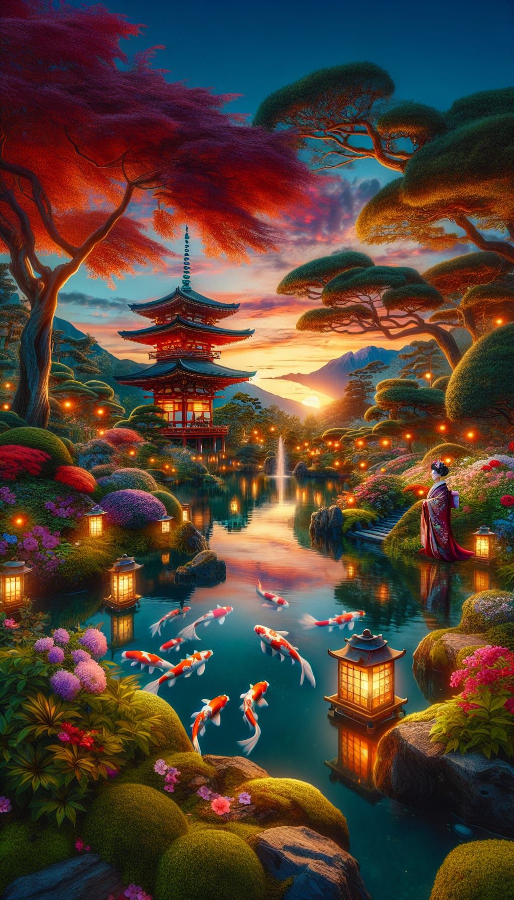 japanese botanical garden beautiful flowers pagoda pond with carps geisha evening when sun goes down ...  by @Gubbennoah