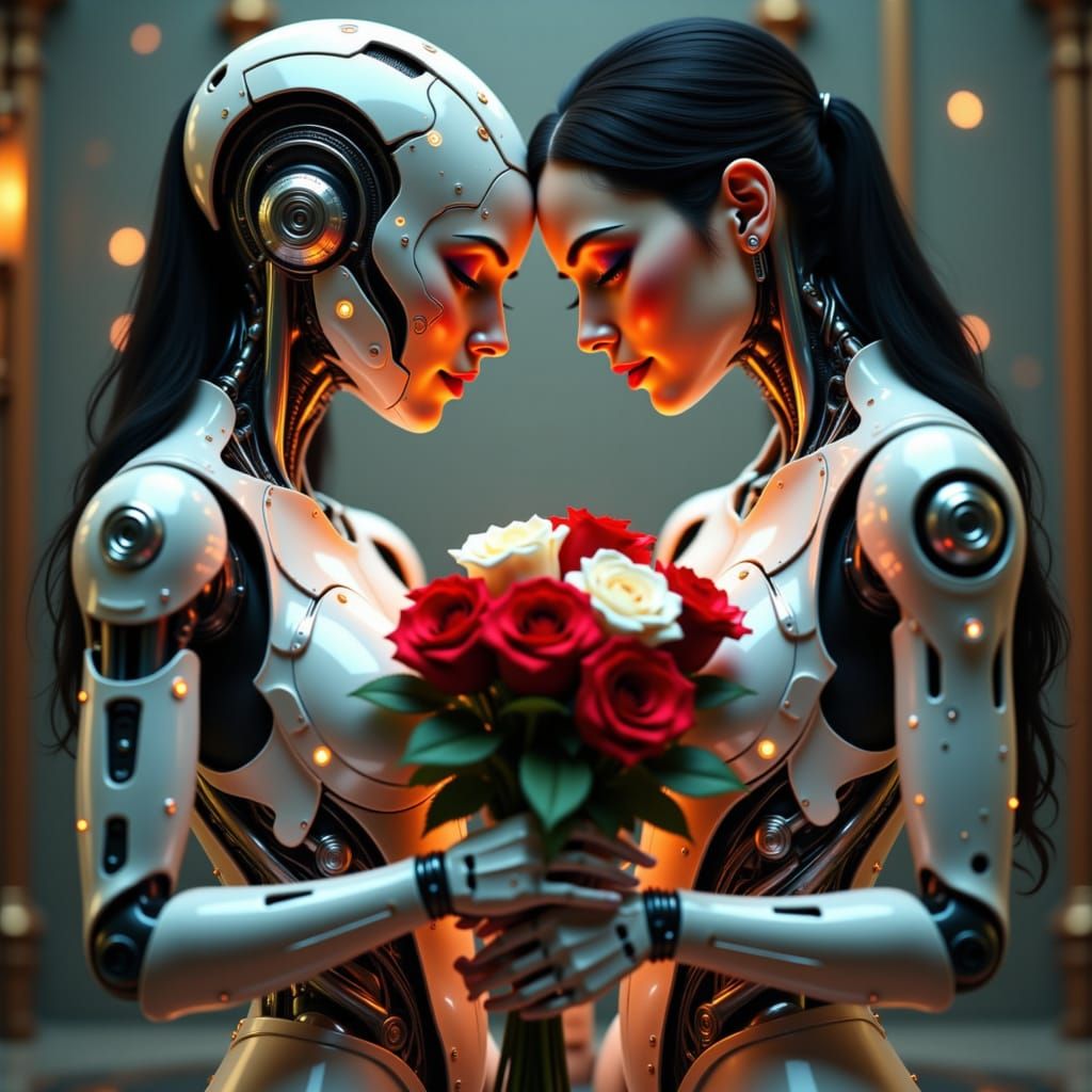 CYBORG;

Male Cyborg and female Cyborg huging some bouket of red and white roses. <lora:The Ciborg of Red:1.0>