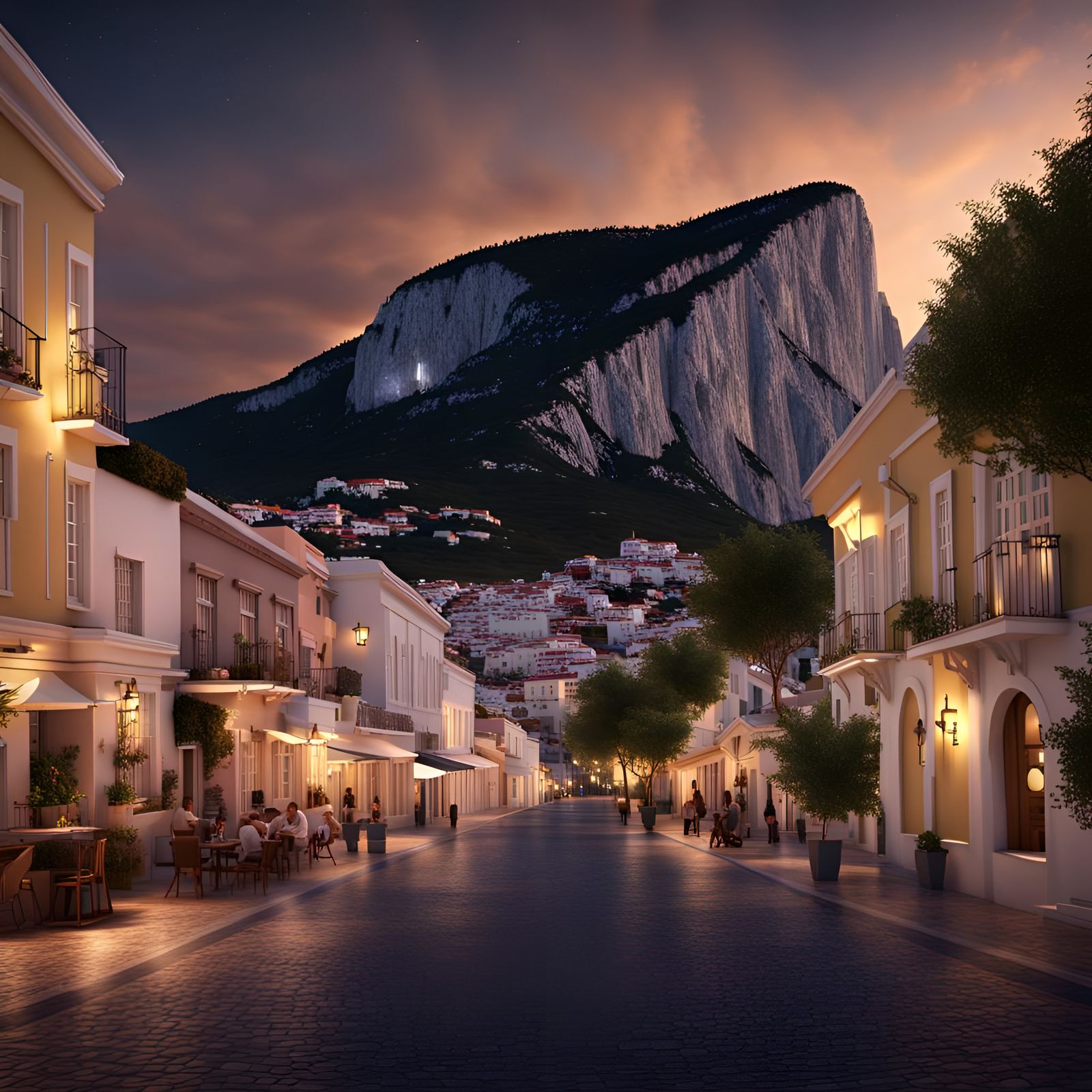 Render a night-time scene of Gibraltar, highlighting the gen...