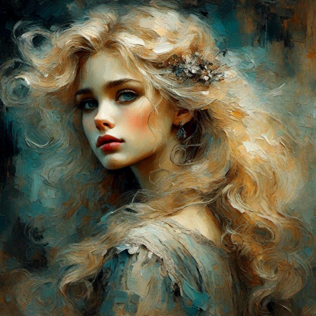 <lora:HRH-oil and grunge:1.0>  Hyper detailed  grunge oil masterpiece in the style of Arthur Rackham a beautiful tall curvy shy blonde with...