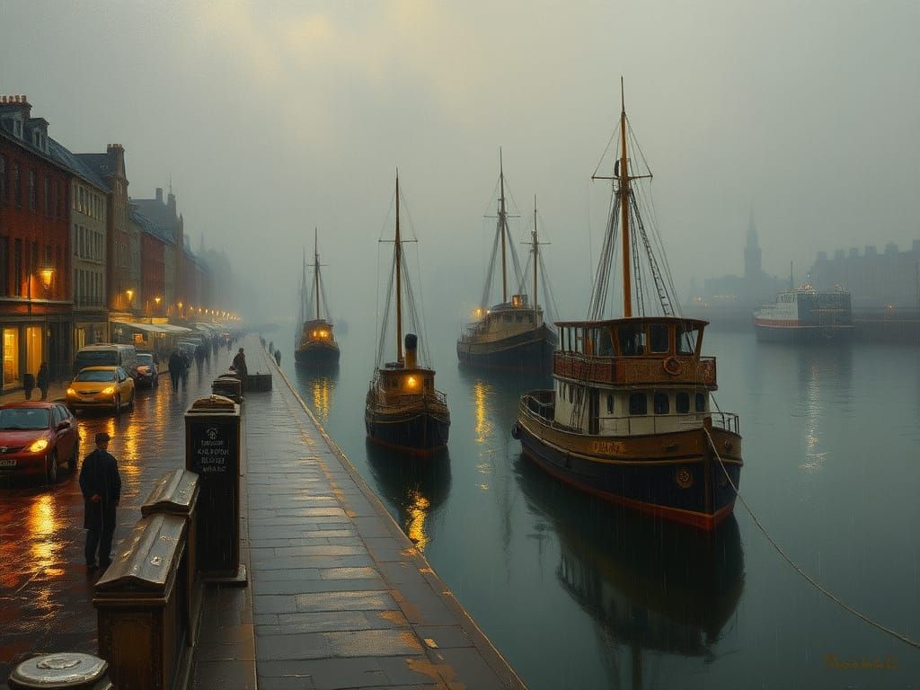 Style of Atkinson Grimshaw, Liverpool docks in the rain  by @Alison