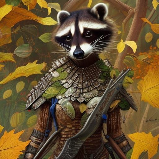 Raccoon warrior dressed in leaves and armour intricate detai...
