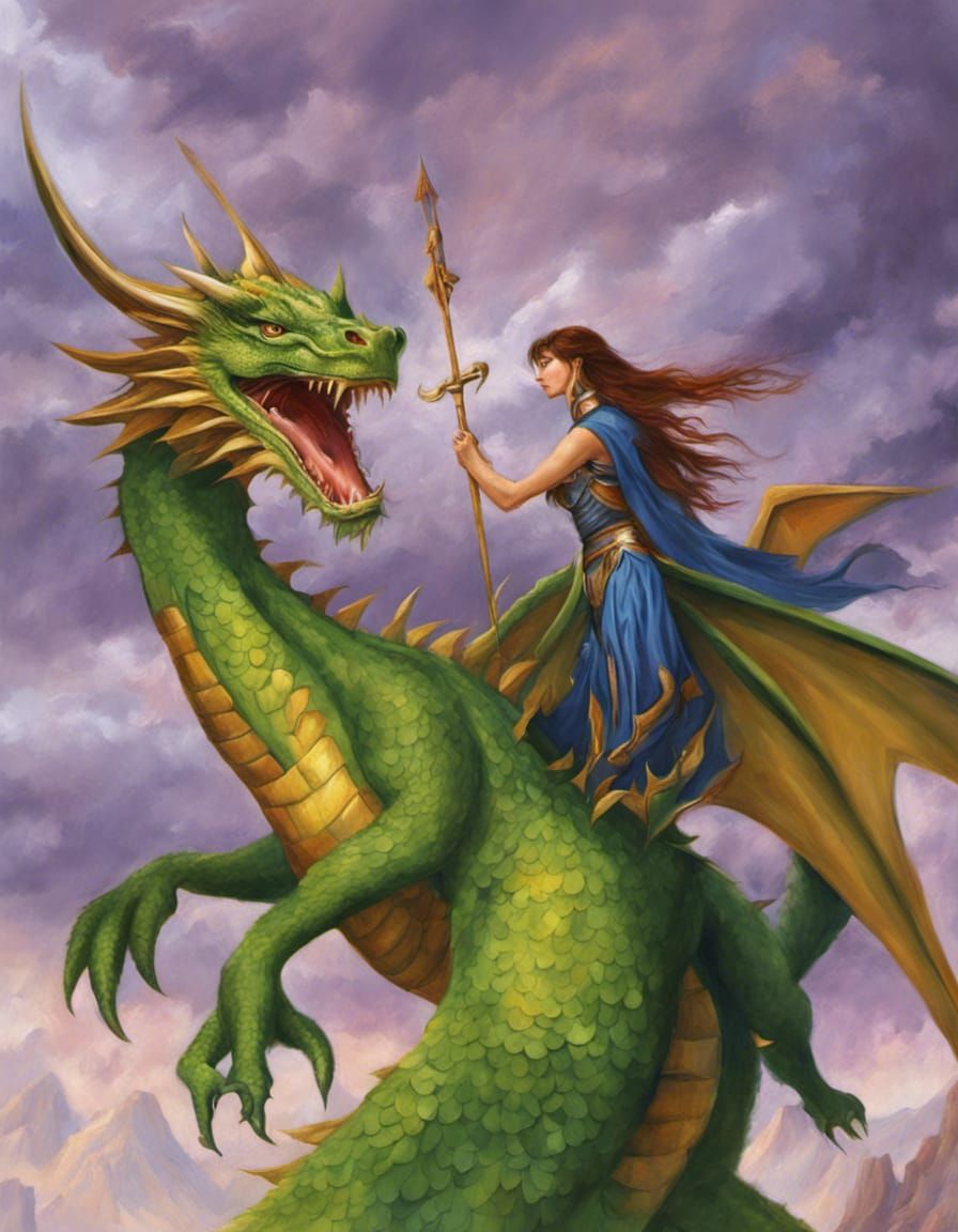 Dragon & warrior woman oil paint exact detail photo illustra...