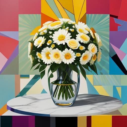 Daisy in a vase, one long stem rose in the center, a glass o...