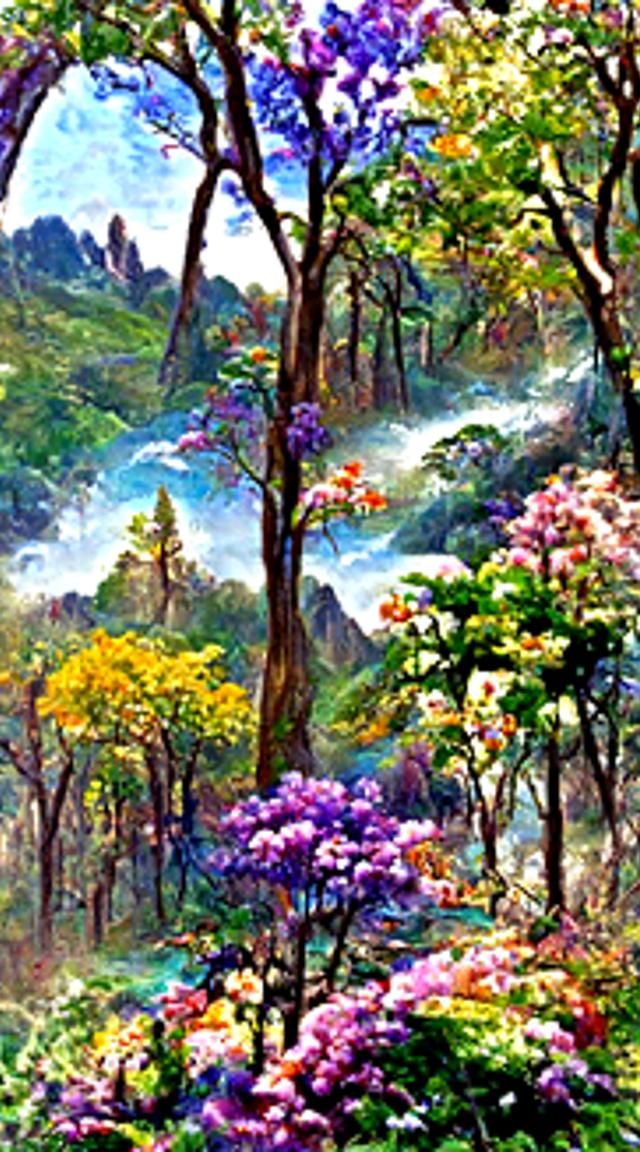 a beautiful painting of a vista landscape of flowering hilly...