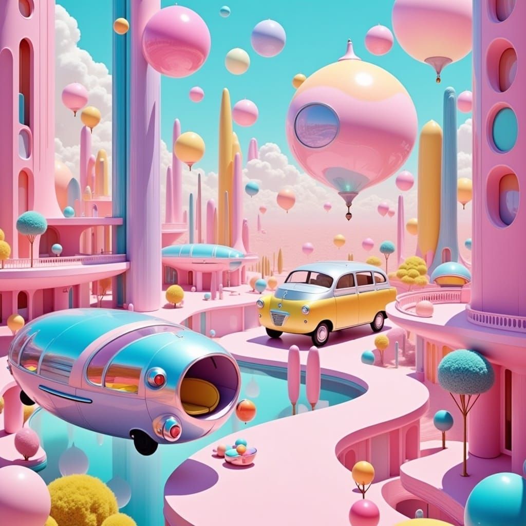 <lora:Sugar Rush:1.0> hyperrealism, retrofuturism, pastel, chrome, a retrofuturistic cityscape with bubble buildings and flying retrofuturis...