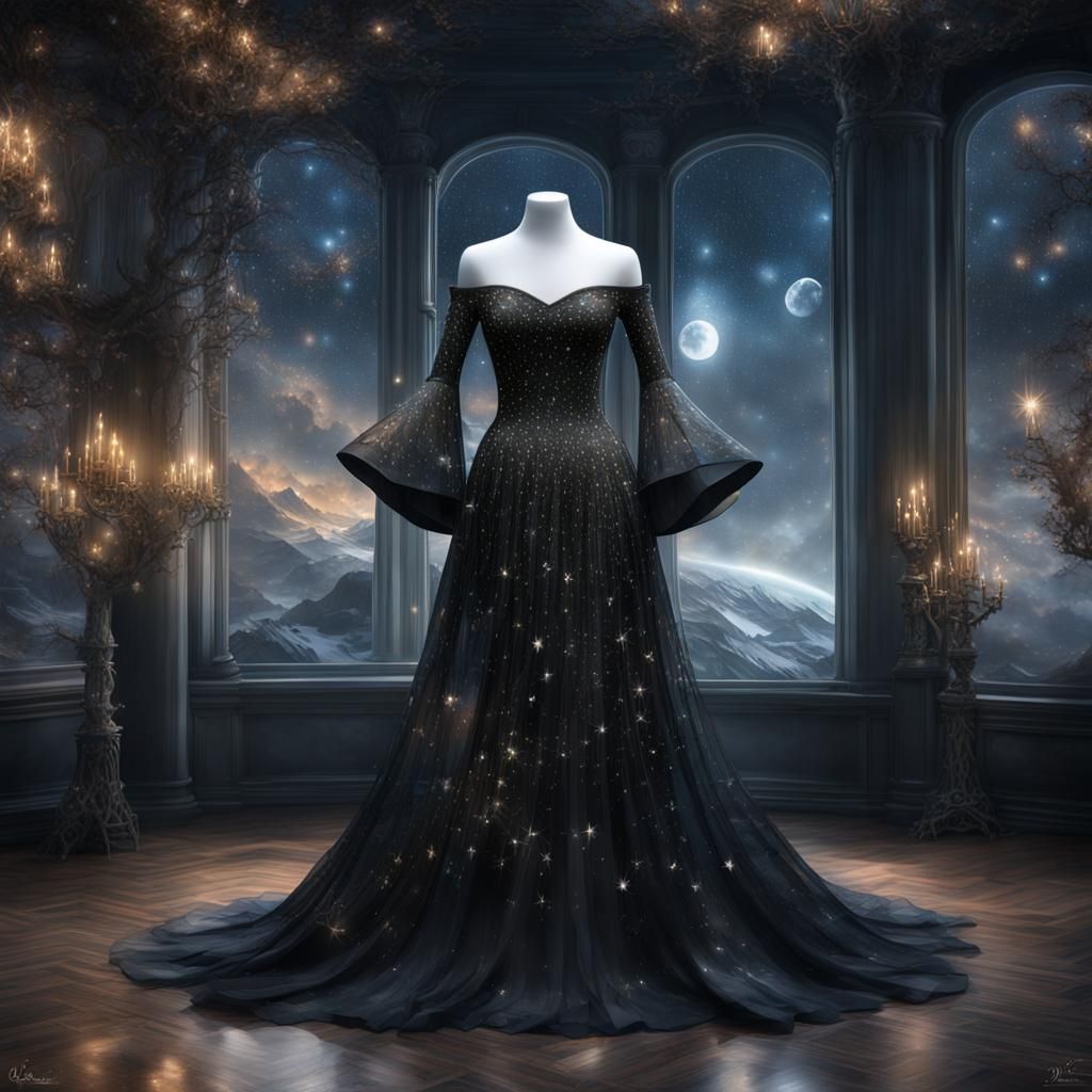 elf dress on a dress form, black, stars, fantasy core, fairy...