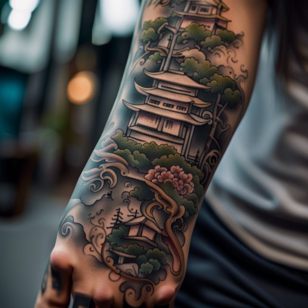 Pagoda tattoo started 2 years ago and finally finished today by Carl  Huggins at Studio Evolve in Virginia Beach, VA : r/tattoos