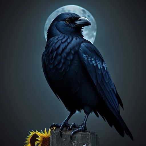 Midnight Crow in (blue moon:1.2)  sit on (sunflower:1.2)