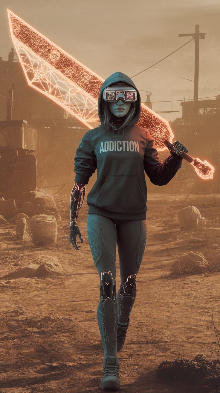 Cyberpunk Warrior Girl with Glowing Broadsword