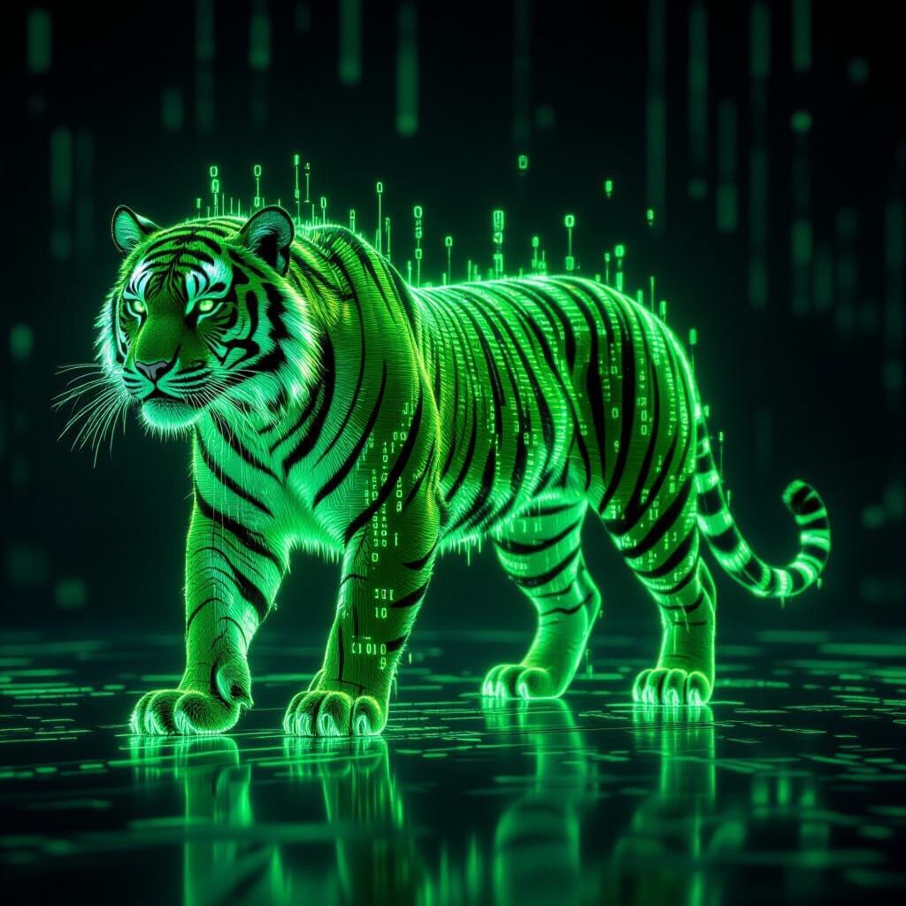 Digital Tiger Made of Glowing Binary Code
