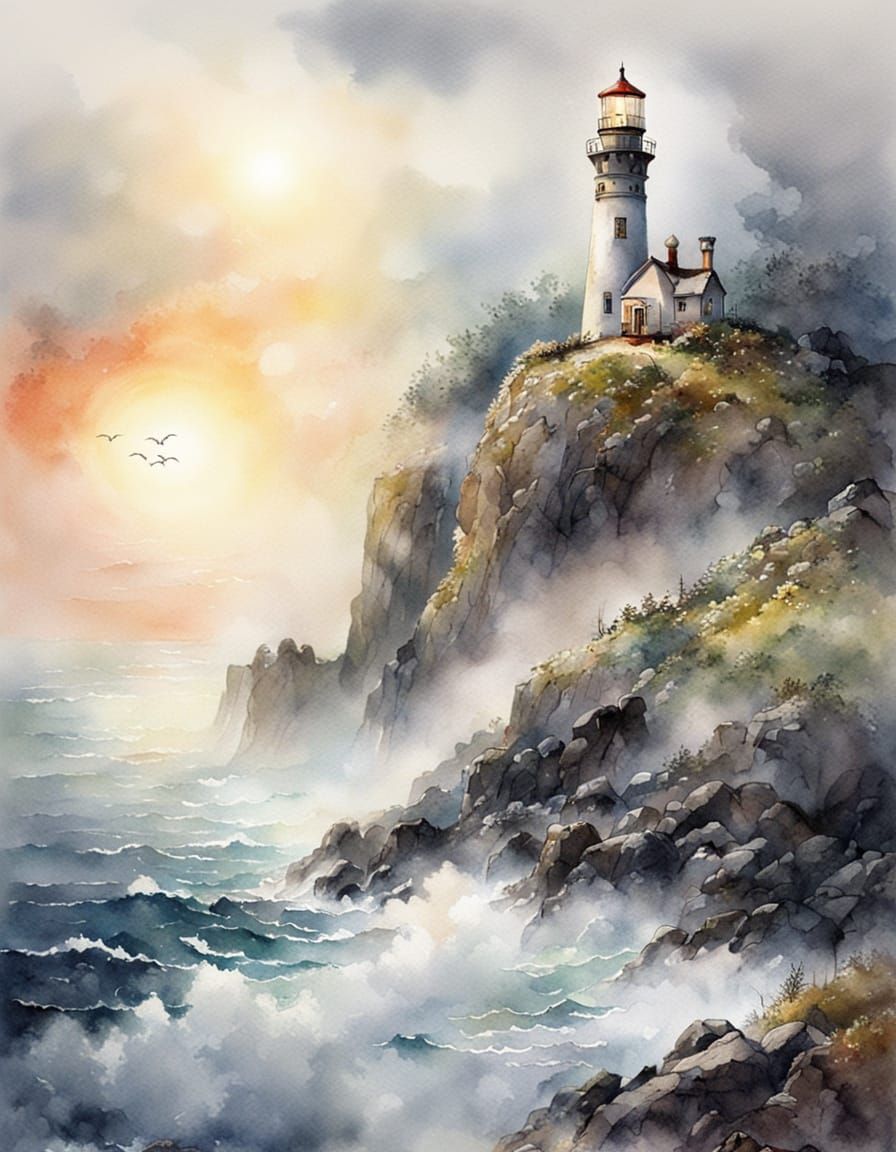 Watercolor Lighthouse Shines in Misty Sunlight