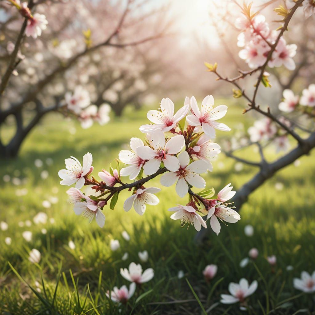 Almond Tree Blossoms in Meadow, Illustrative Style