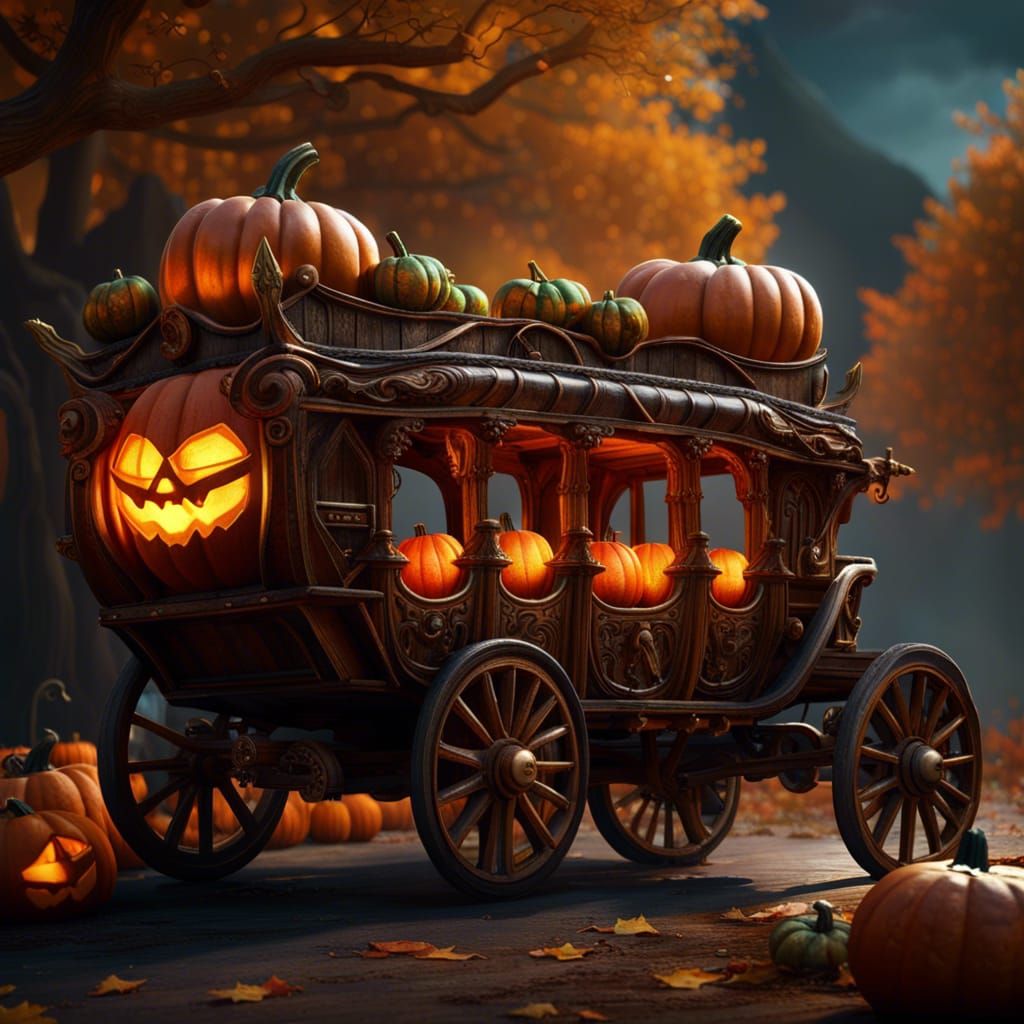 Stage coach vehicle made wih pumpkins carvings,  detailed matte painting, deep color, fantastical, intricate ...  by @KrystofM75