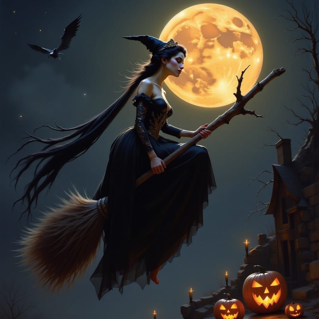 <lora:Pre-Raphaelites2:1.0> Portrait of a beautiful witch flying in the night sky on her broom, full Moon, Halloween night, a maximalist mas...