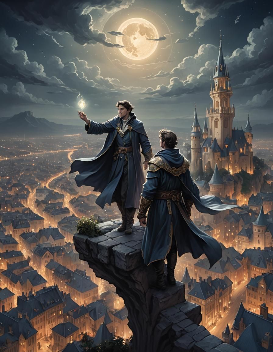 master and apprentice sorcerer travel in the sky above a cit...