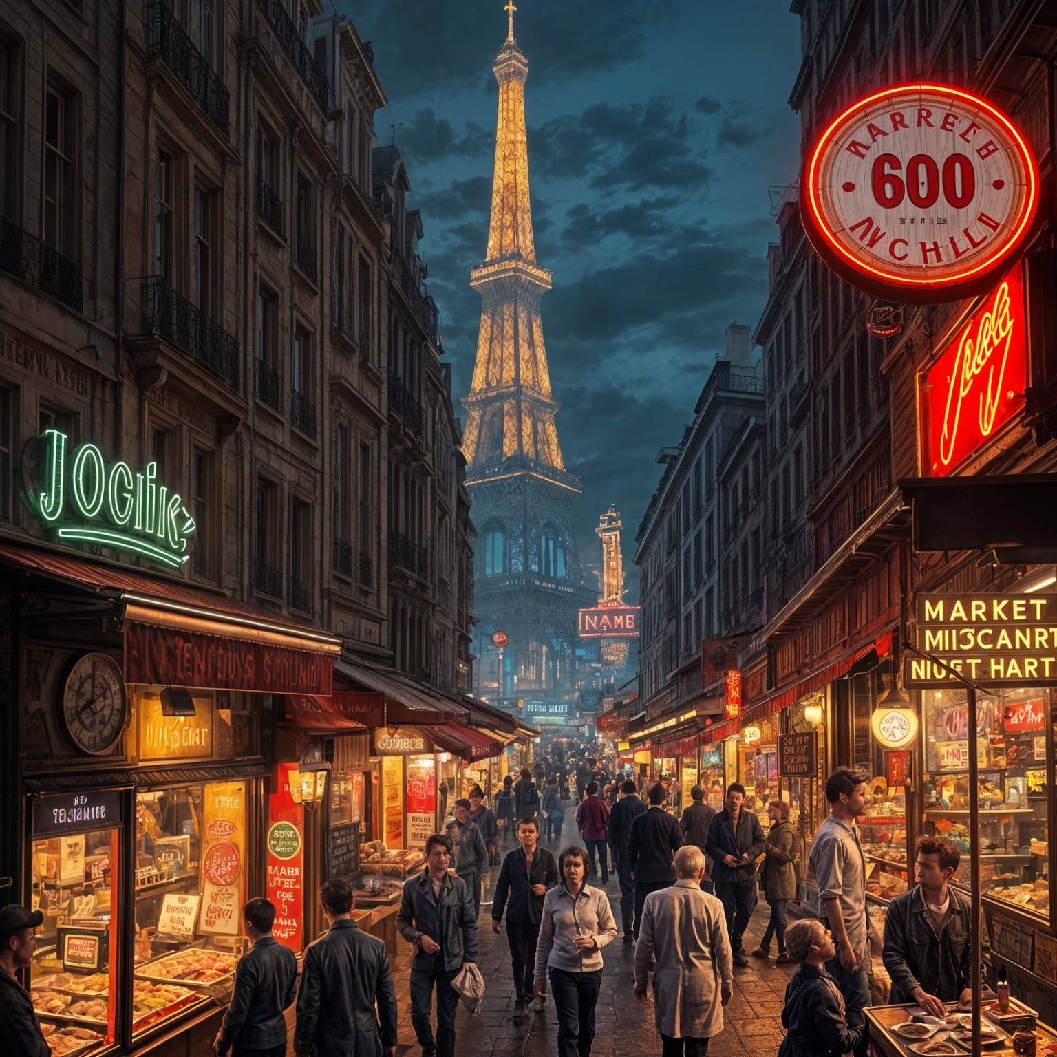 Market at night time in 1950s Paris, neon signs, lights, people  by @Aspen