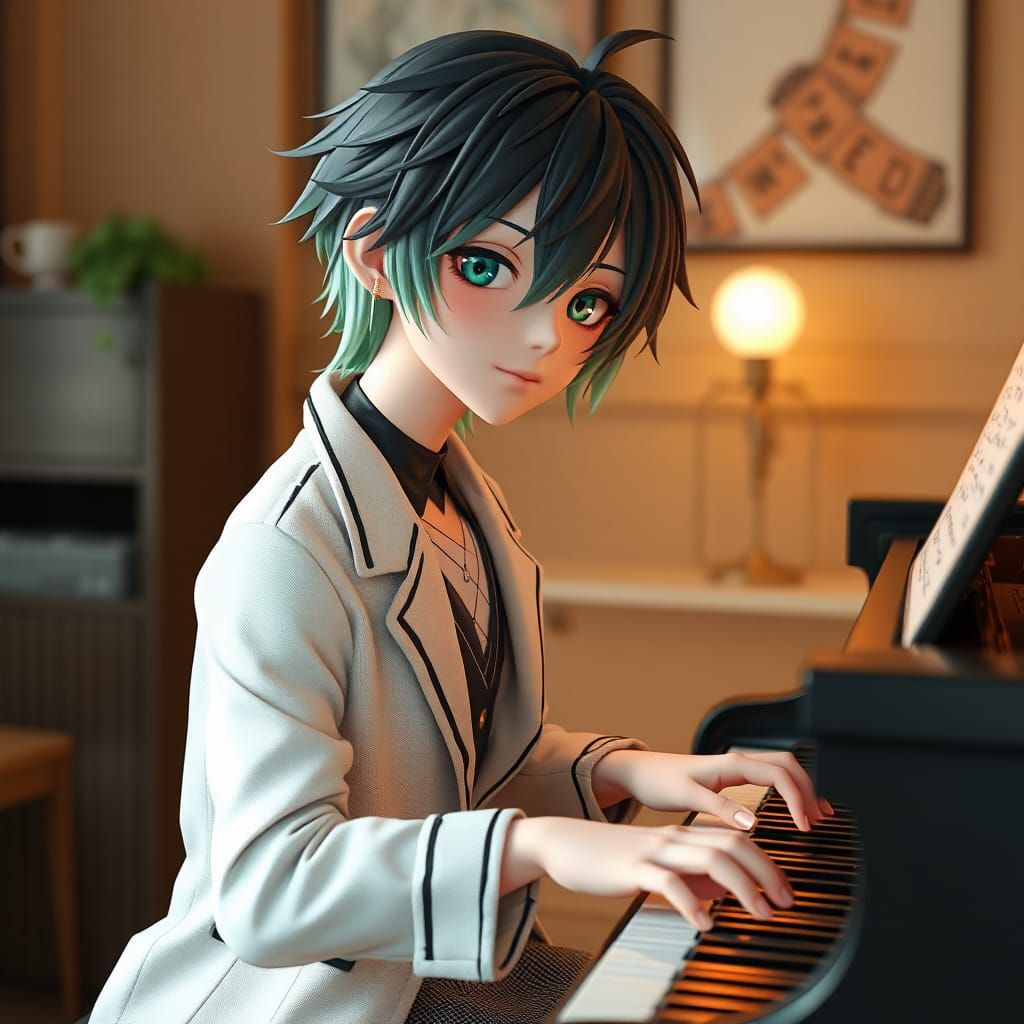 Handsome Anime Guy Playing Piano in Harajuku Style