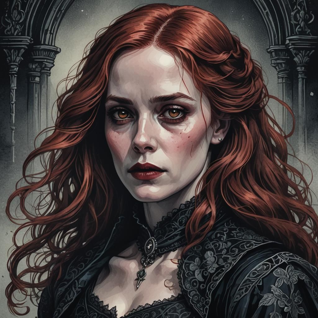 Sur un fond rouge clair, une très belle femme vampire gothiq...