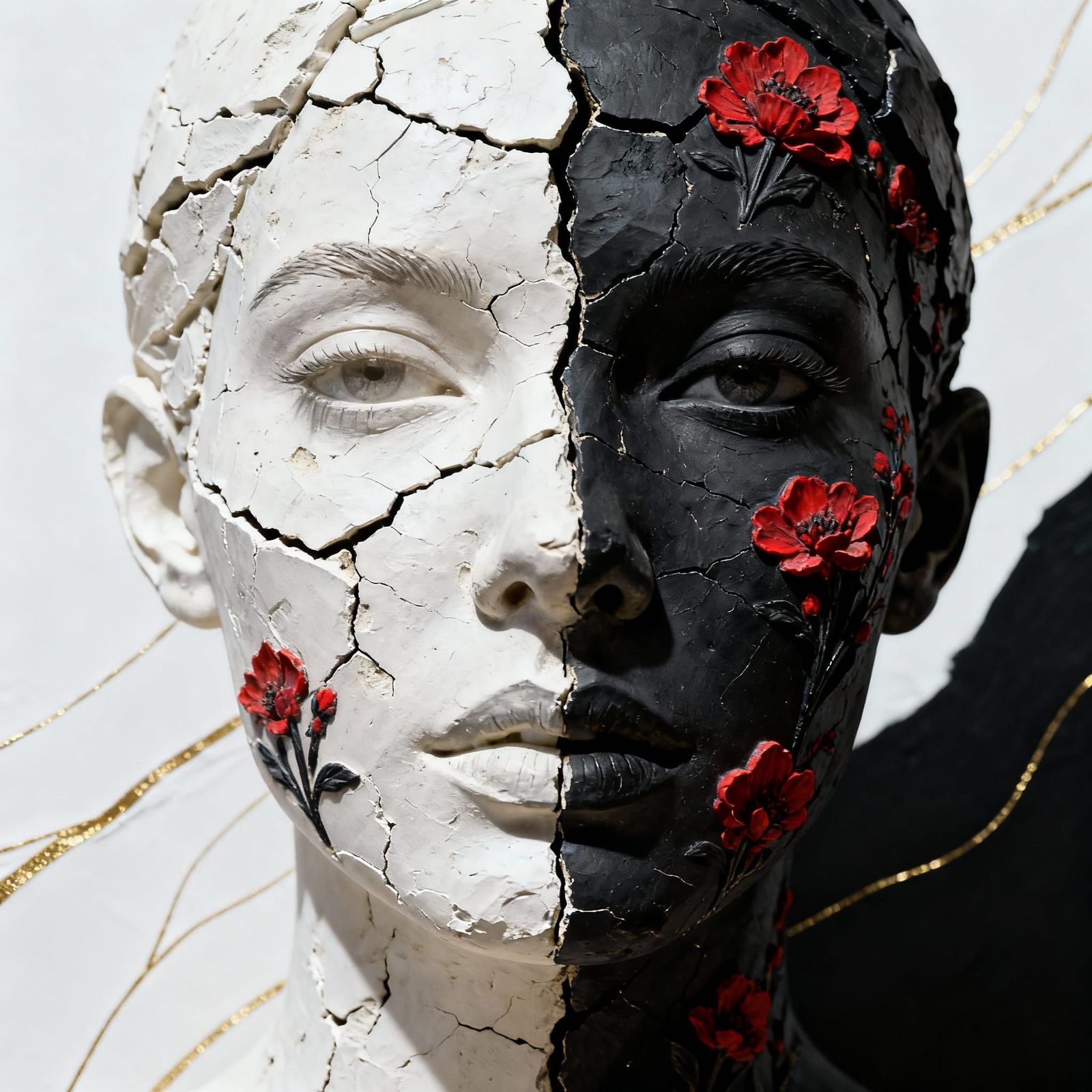 Surreal Plaster Portrait With Red Flowers and Gold Lines