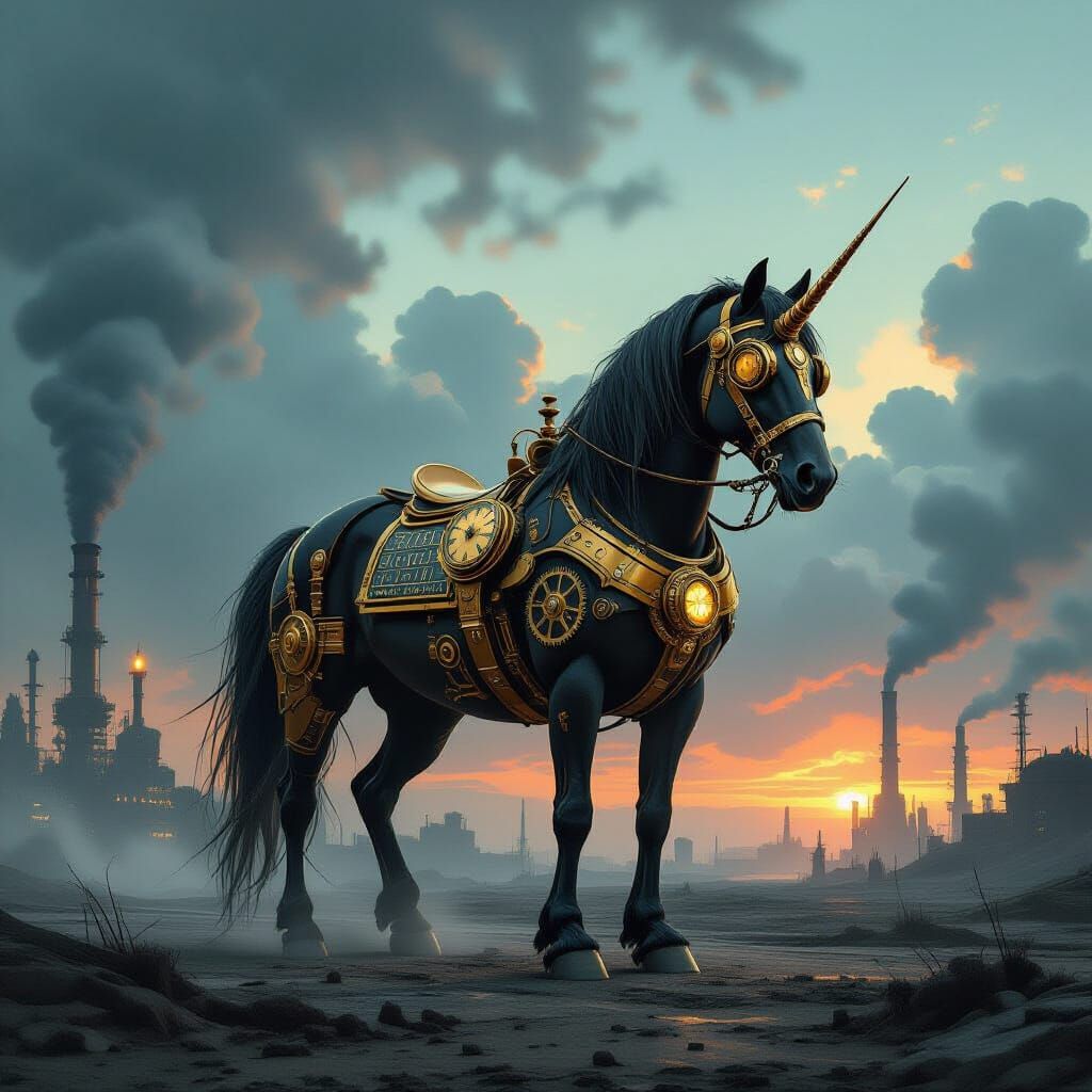 A majestic steampunk horse with intricate clockwork gears and brass plating, standing in a desolate, smog-filled industrial landscape. The s...