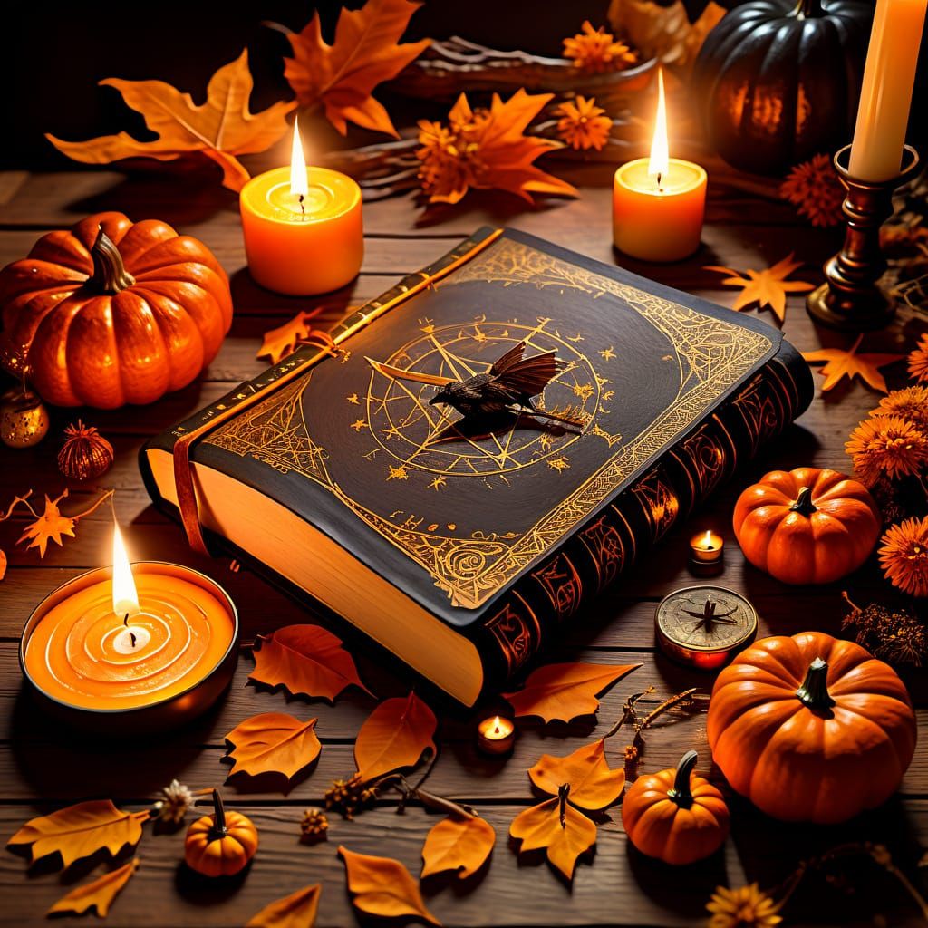 Witch's Spellbook with Autumn Magic and Warm Light
