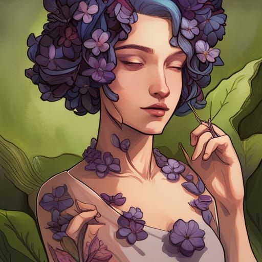 closed eyes, flowy blue hair with many purple flowers in hai...