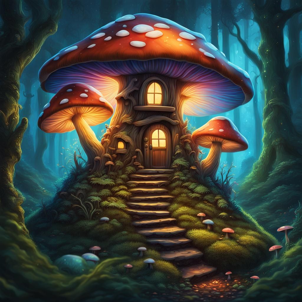 A fairy mushroom house in an enchanted bioluminescent forest...