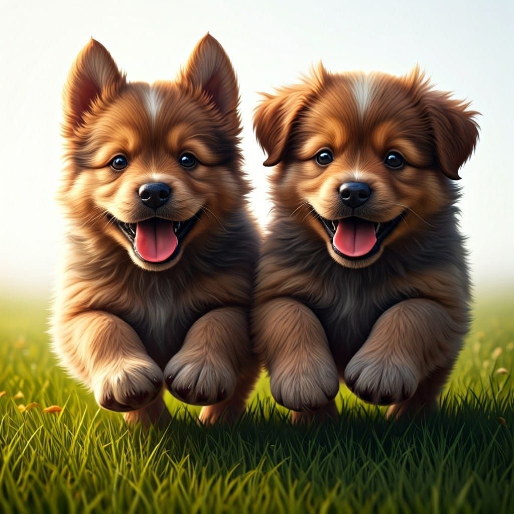 Fluffy Puppies Running on Green Lawn