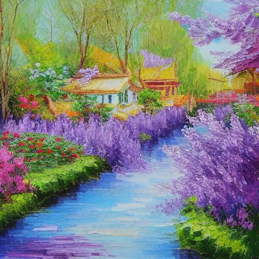 Chinese Garden with Lilacs in Expressionist Style