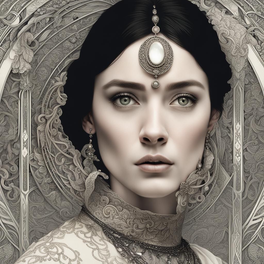 Bargue drawing, half portrait with intricate jewellery
