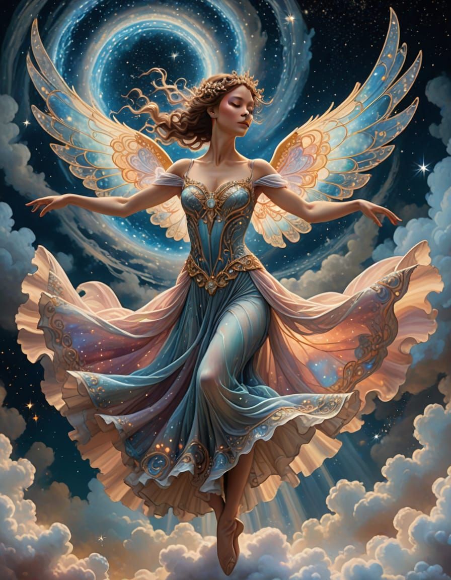 A celestial ballet dancer with wings of pure light gracefully pirouettes on a stage made of clouds, amidst a swirling nebula. Her dress is w...