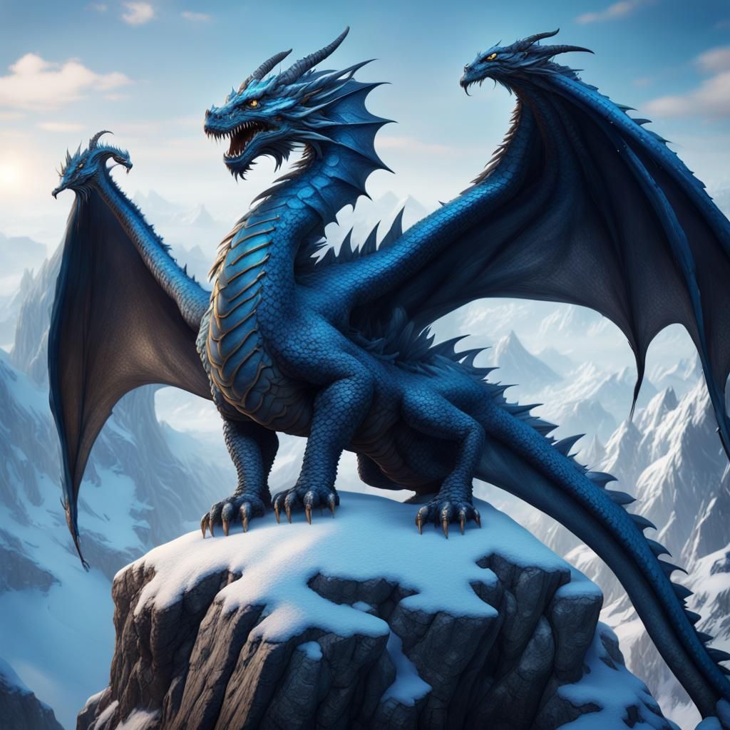 Majestic Blue Dragon Sitting On Top Of A Snowy Mountain - Ai Generated 