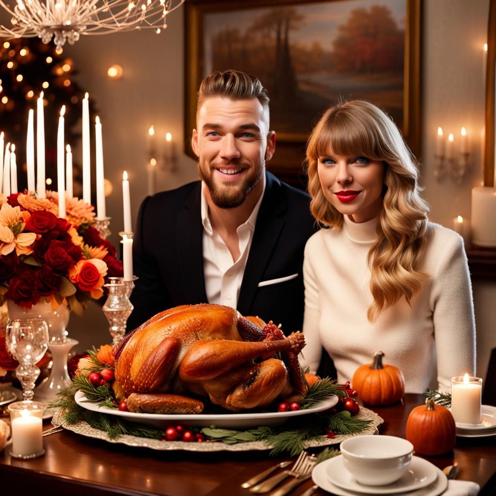 Travis Kelce and Taylor Swift host Thanksgiving. They sit at the table next to each other looking at ...  by @GeminiDream23