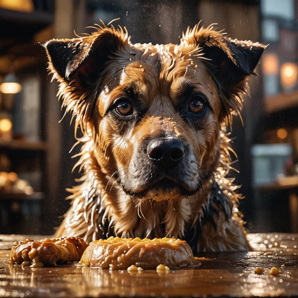 Dog Eating Bourek in Cinematic Urban Setting